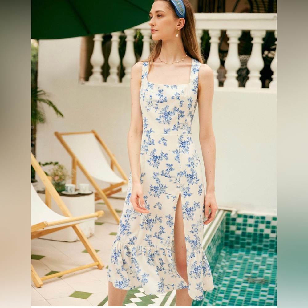 NWT RIHOAS The Square Neck Ruffle Trim Midi Dress Sz M, L, XL.